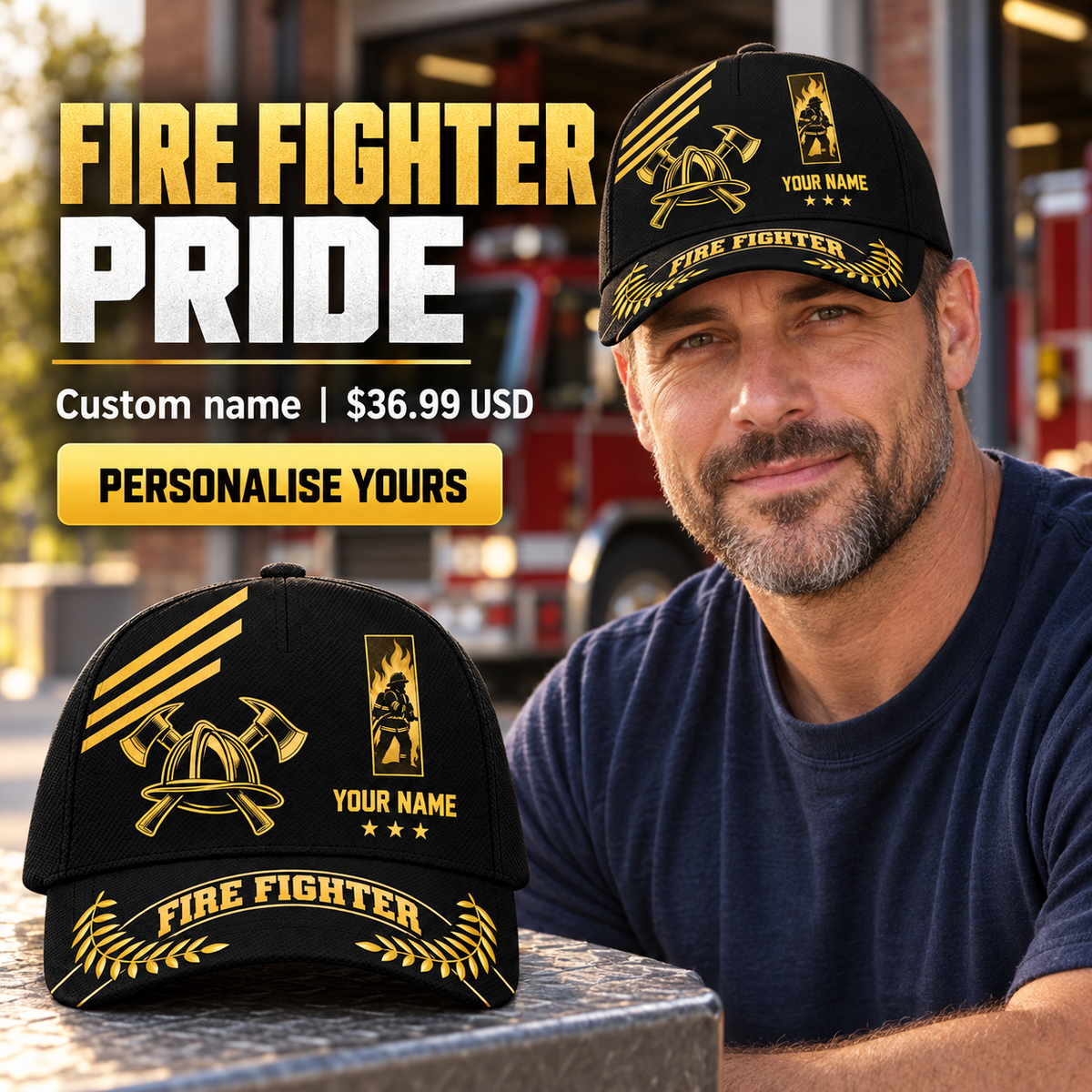 Fire Fighter wearing a personalized Asymmetric Gold baseball cap with custom name