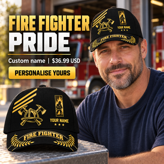 Fire Fighter wearing a personalized Asymmetric Gold baseball cap with custom name