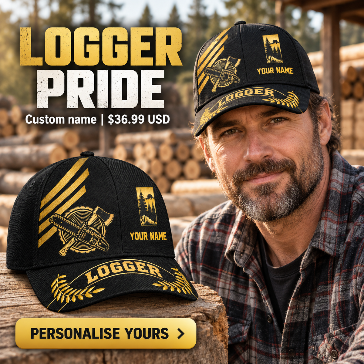 Logger wearing a personalized Asymmetric Gold baseball cap with custom name