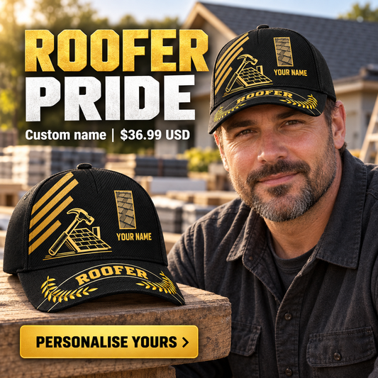 Roofer wearing a personalized Asymmetric Gold baseball cap with custom name