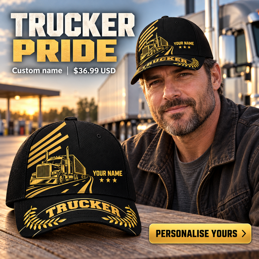 Trucker wearing a personalized Asymmetric Gold baseball cap with custom name