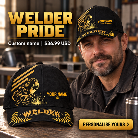 Welder wearing a personalized Asymmetric Gold baseball cap with custom name