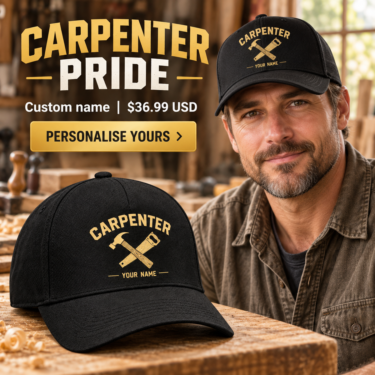 Carpenter wearing a personalized Minimal Gold Emblem baseball cap with custom name