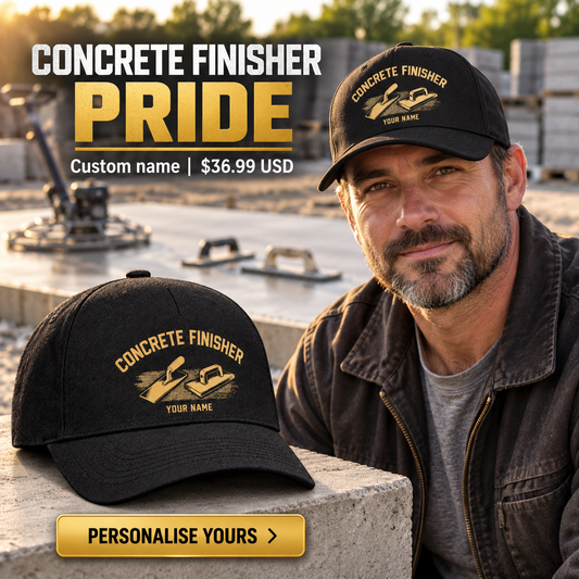 Concrete Finisher wearing a personalized Minimal Gold Emblem baseball cap with custom name