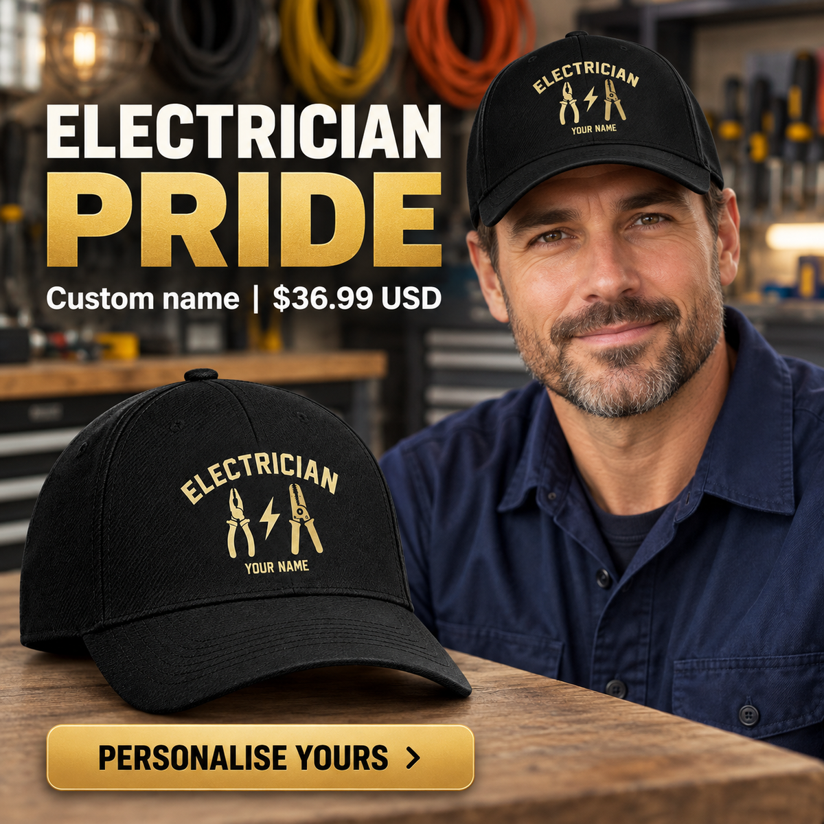 Electrician wearing a personalized Minimal Gold Emblem baseball cap with custom name
