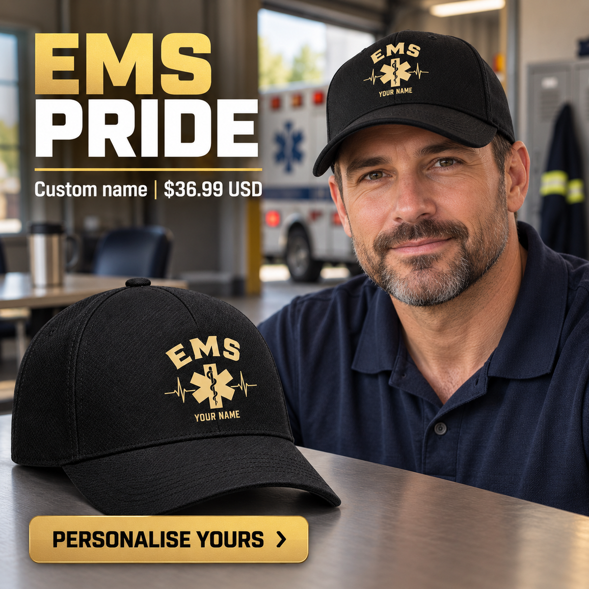 EMS wearing a personalized Minimal Gold Emblem baseball cap with custom name