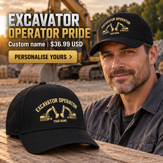 Excavator Operator wearing a personalized Minimal Gold Emblem baseball cap with custom name