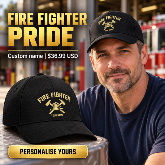 Fire Fighter wearing a personalized Minimal Gold Emblem baseball cap with custom name