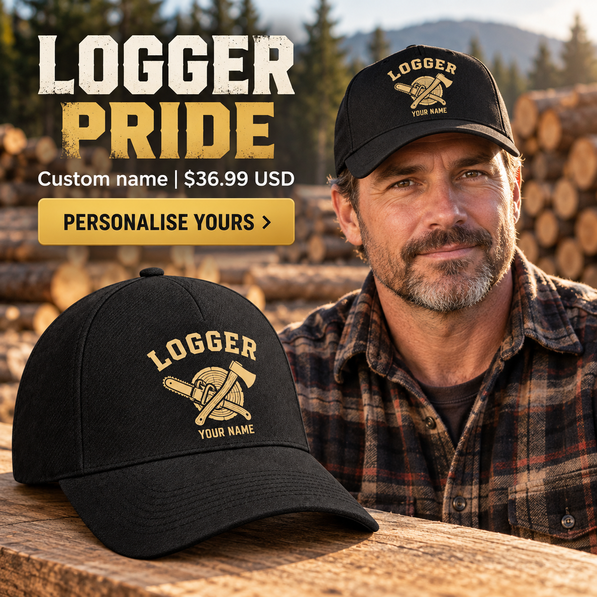 Logger wearing a personalized Minimal Gold Emblem baseball cap with custom name