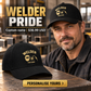 Welder wearing a personalized Minimal Gold Emblem baseball cap with custom name