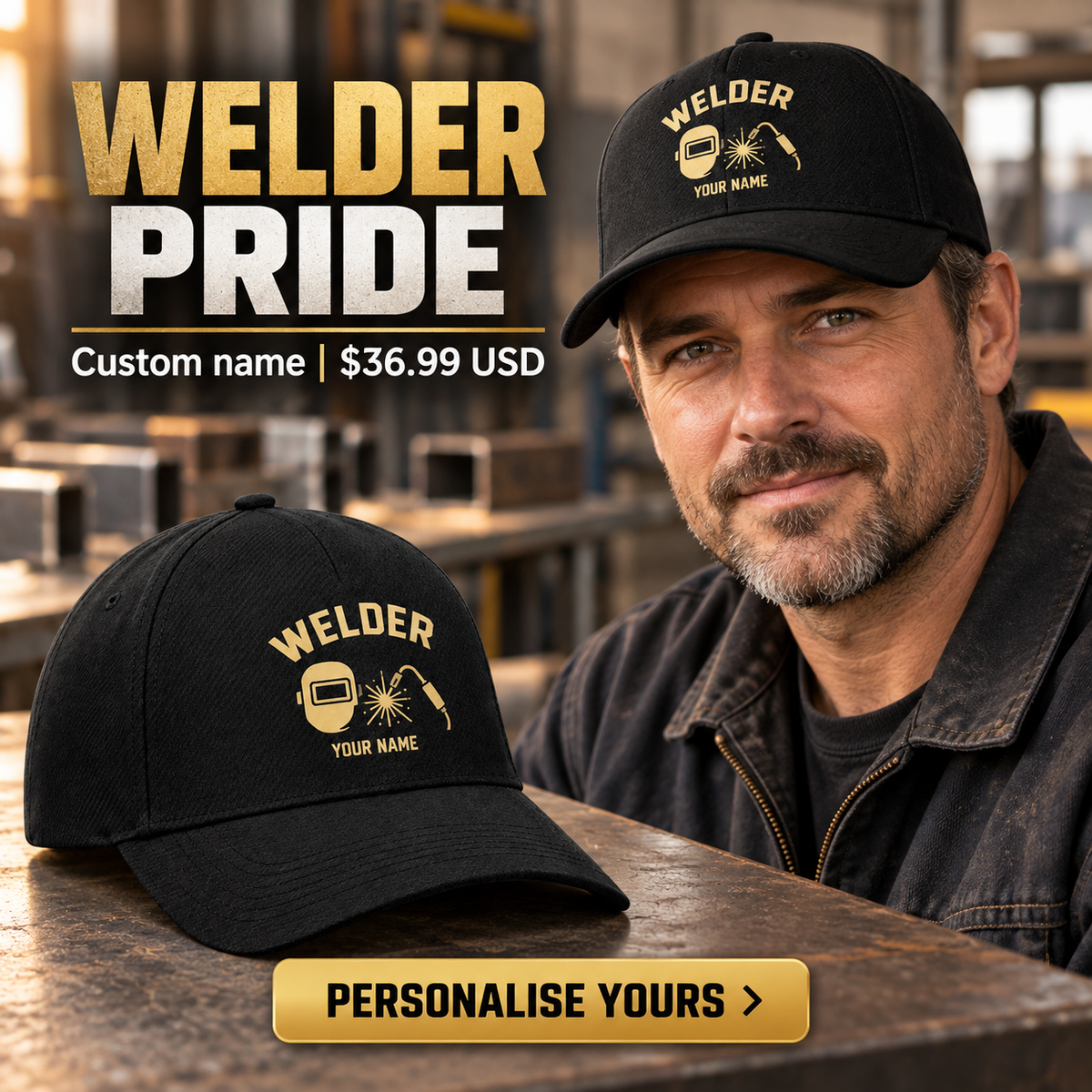 Welder wearing a personalized Minimal Gold Emblem baseball cap with custom name