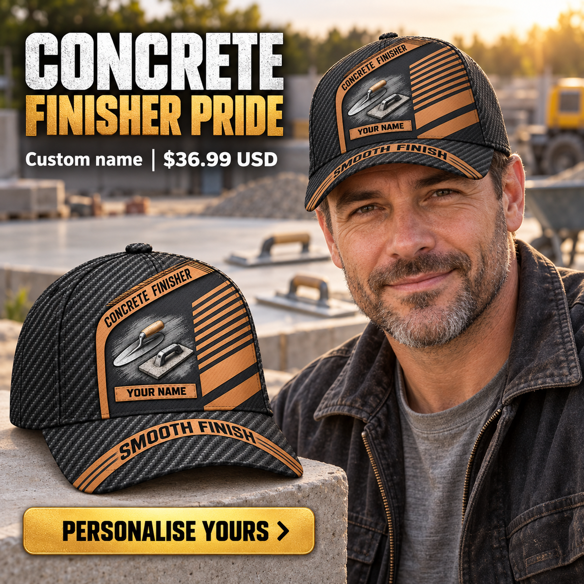 Concrete Finisher wearing a personalized Diagonal Workshop baseball cap with custom name