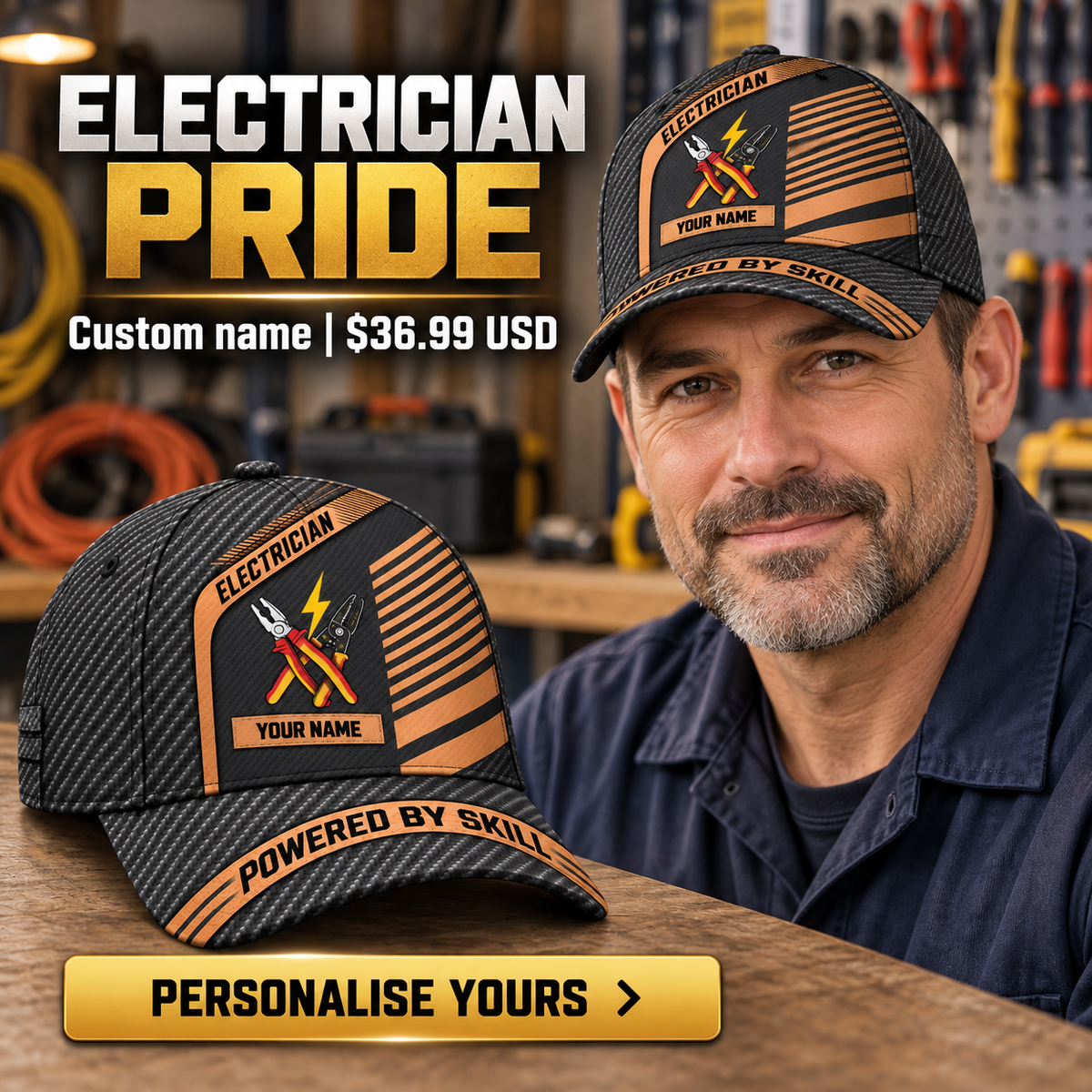 Electrician wearing a personalized Diagonal Workshop baseball cap with custom name