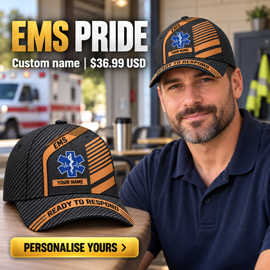EMS wearing a personalized Diagonal Workshop baseball cap with custom name