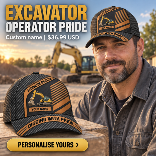 Excavator Operator wearing a personalized Diagonal Workshop baseball cap with custom name