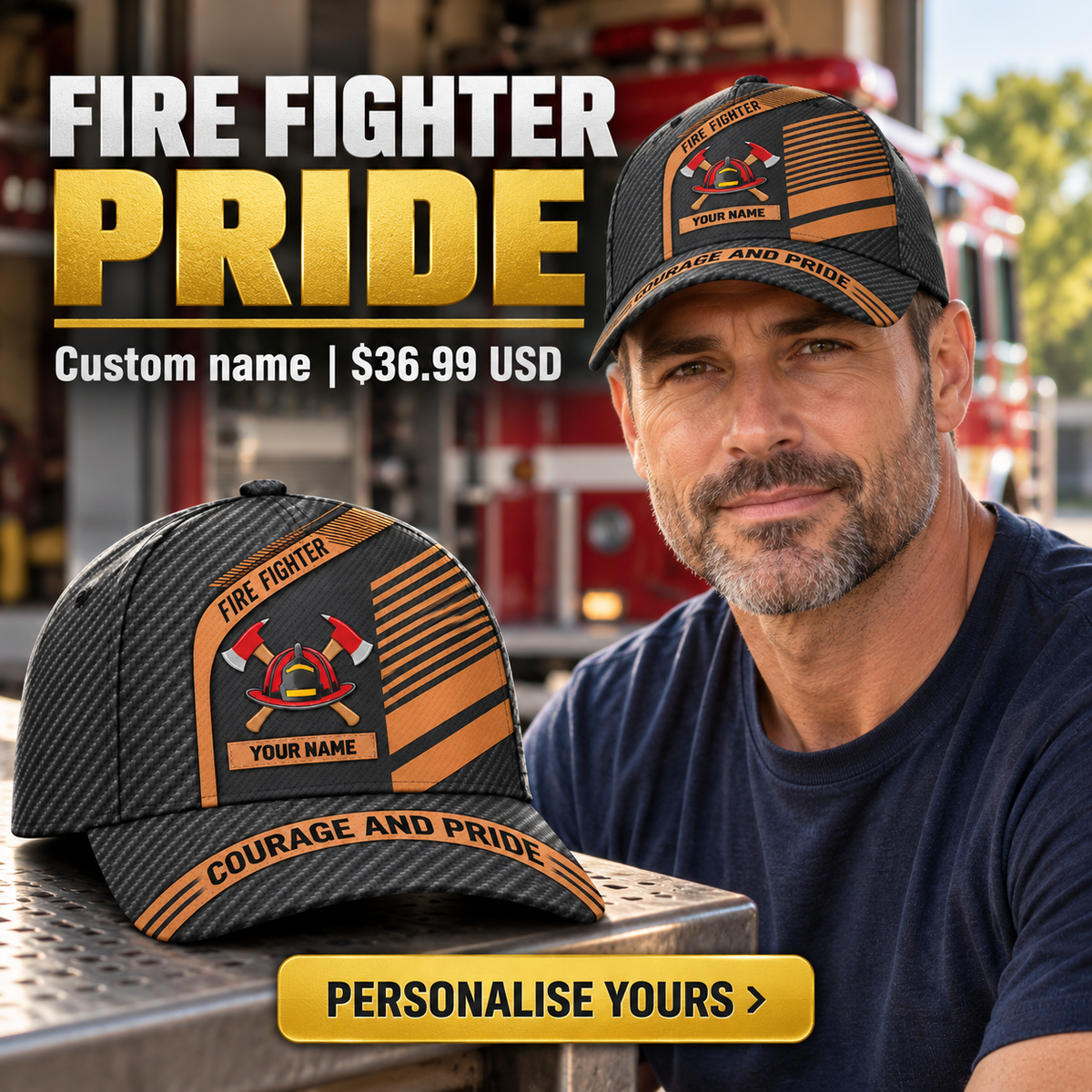 Fire Fighter wearing a personalized Diagonal Workshop baseball cap with custom name