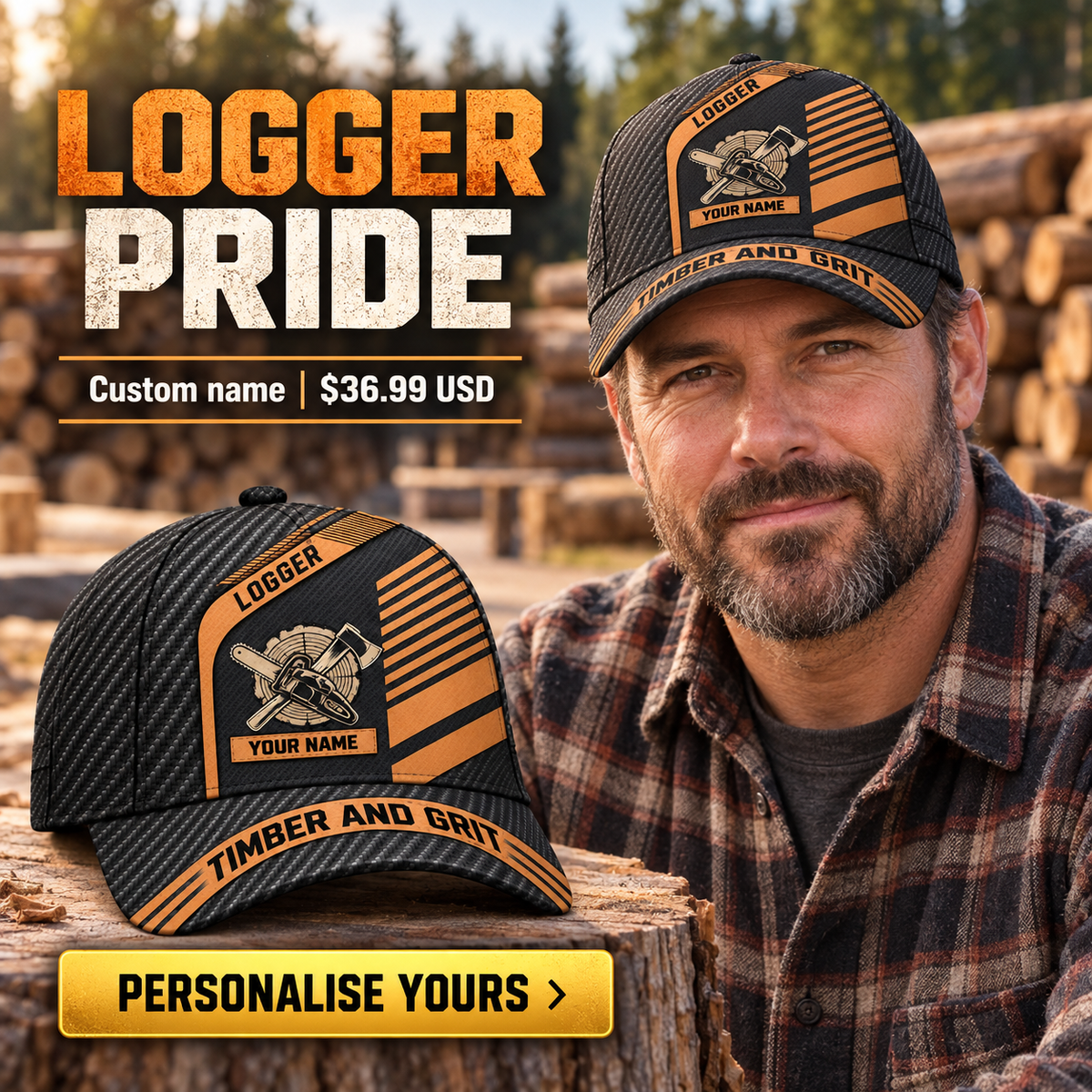 Logger wearing a personalized Diagonal Workshop baseball cap with custom name