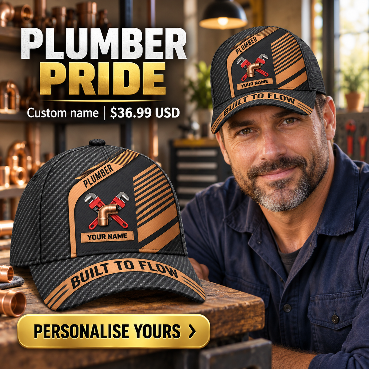 Plumber wearing a personalized Diagonal Workshop baseball cap with custom name
