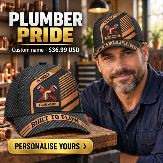 Plumber wearing a personalized Diagonal Workshop baseball cap with custom name