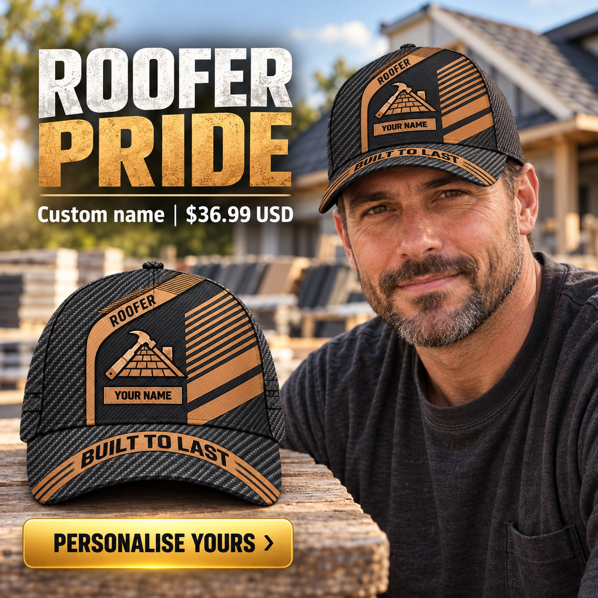 Roofer wearing a personalized Diagonal Workshop baseball cap with custom name