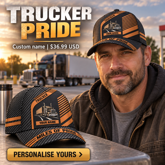 Trucker wearing a personalized Diagonal Workshop baseball cap with custom name