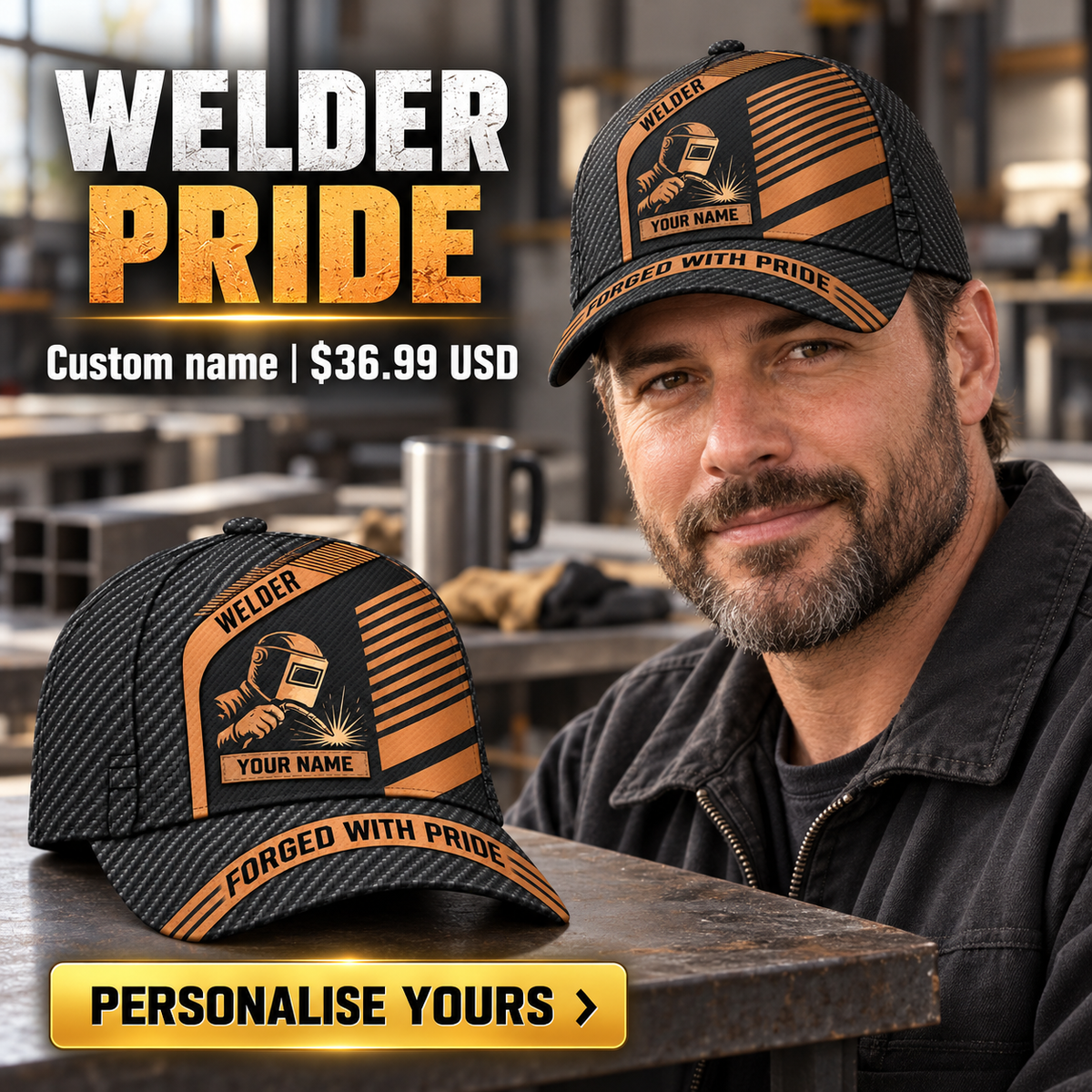 Welder wearing a personalized Diagonal Workshop baseball cap with custom name