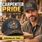 Carpenter wearing a personalized Rugged Workshop baseball cap with custom name