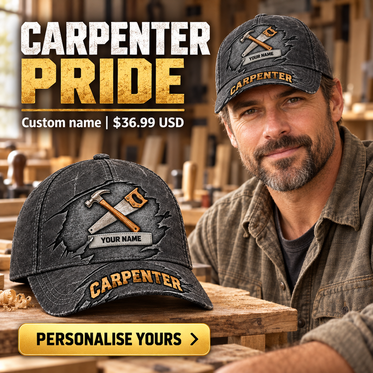 Carpenter wearing a personalized Rugged Workshop baseball cap with custom name