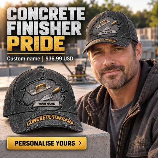 Concrete Finisher wearing a personalized Rugged Workshop baseball cap with custom name