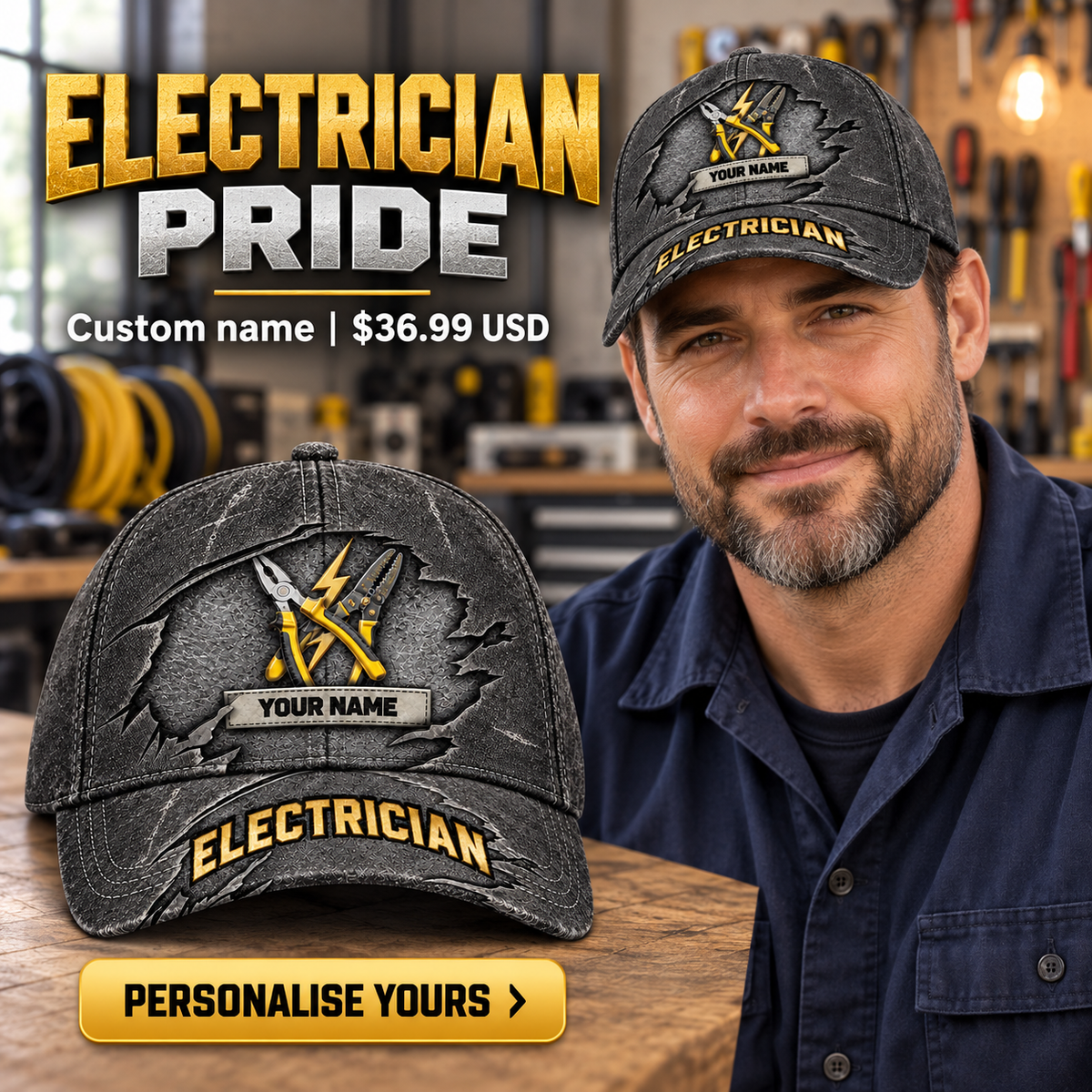 Electrician wearing a personalized Rugged Workshop baseball cap with custom name