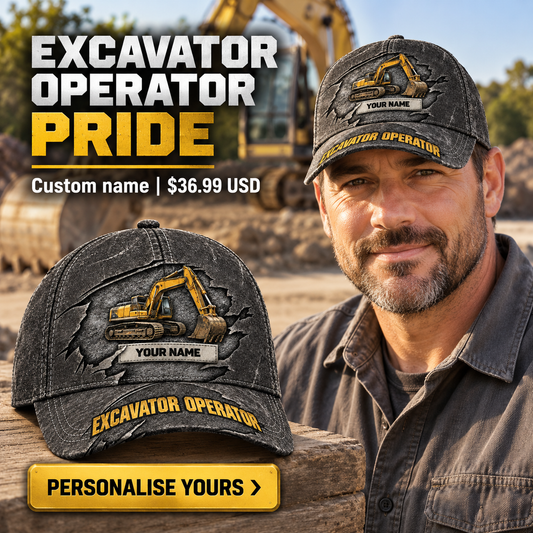 Excavator Operator wearing a personalized Rugged Workshop baseball cap with custom name