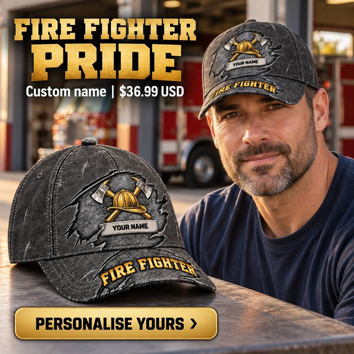 Fire Fighter wearing a personalized Rugged Workshop baseball cap with custom name