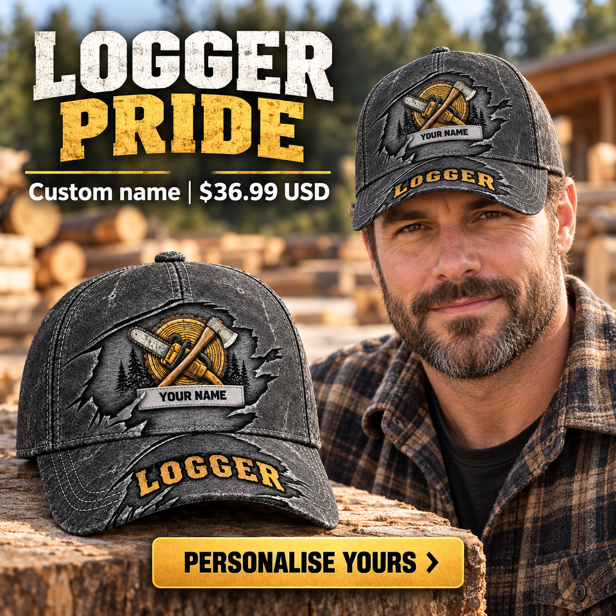 Logger wearing a personalized Rugged Workshop baseball cap with custom name