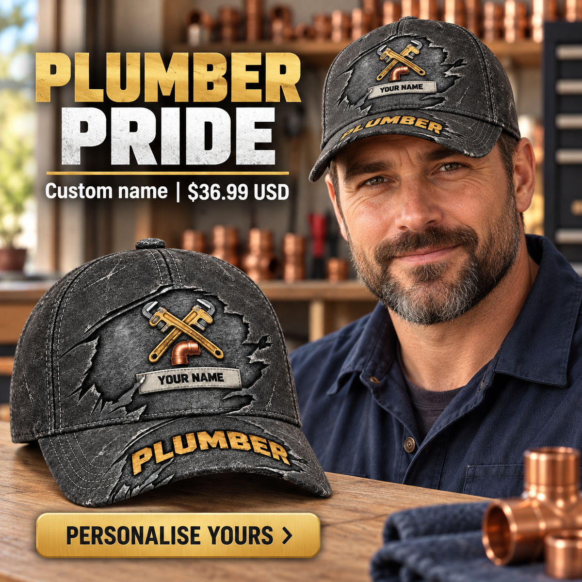 Plumber wearing a personalized Rugged Workshop baseball cap with custom name
