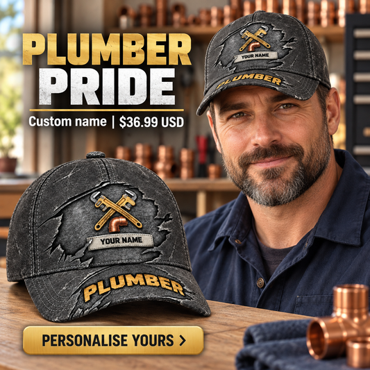 Plumber wearing a personalized Rugged Workshop baseball cap with custom name