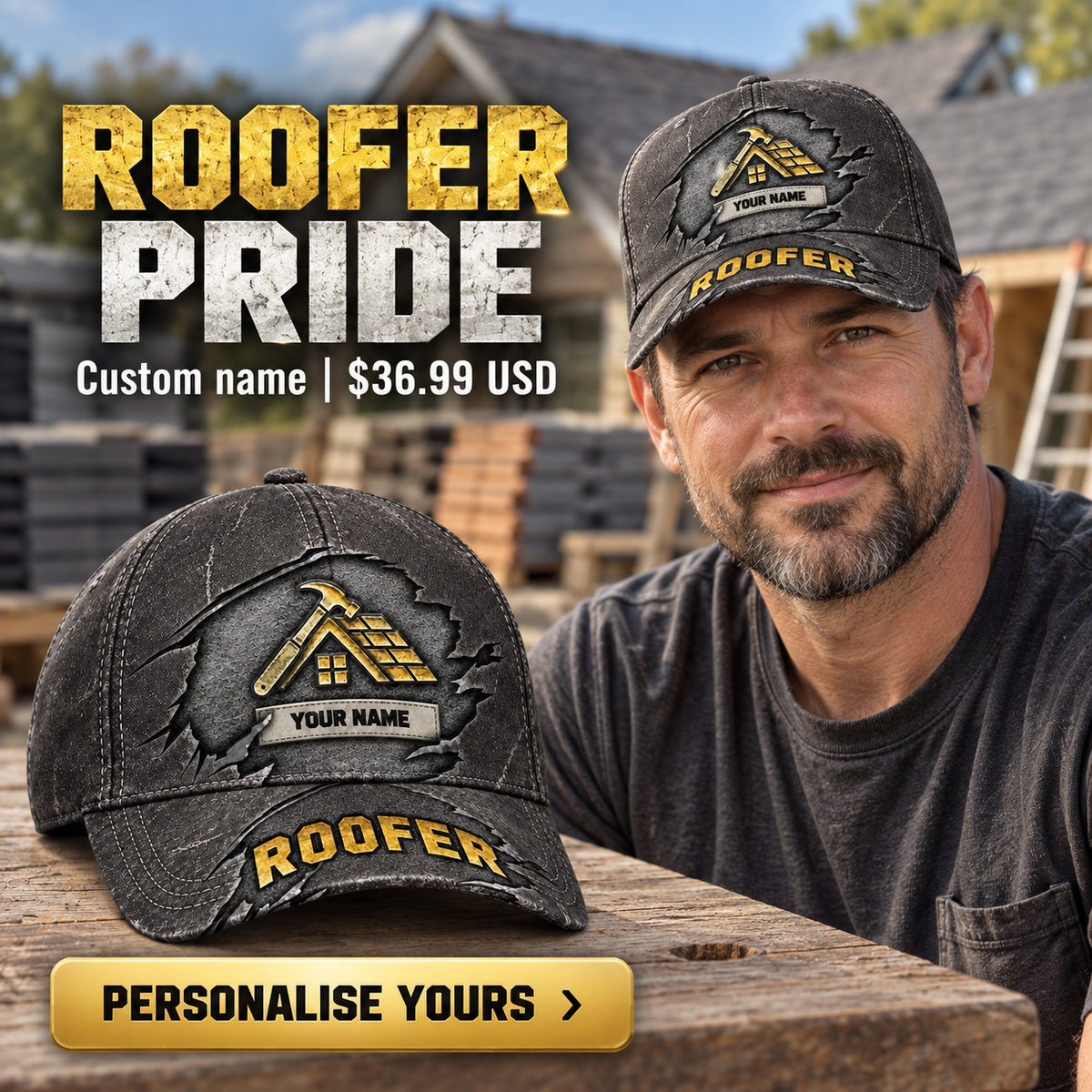 Roofer wearing a personalized Rugged Workshop baseball cap with custom name