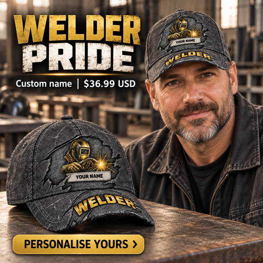 Welder wearing a personalized Rugged Workshop baseball cap with custom name