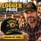 Logger wearing a personalized Proud Career baseball cap with custom name