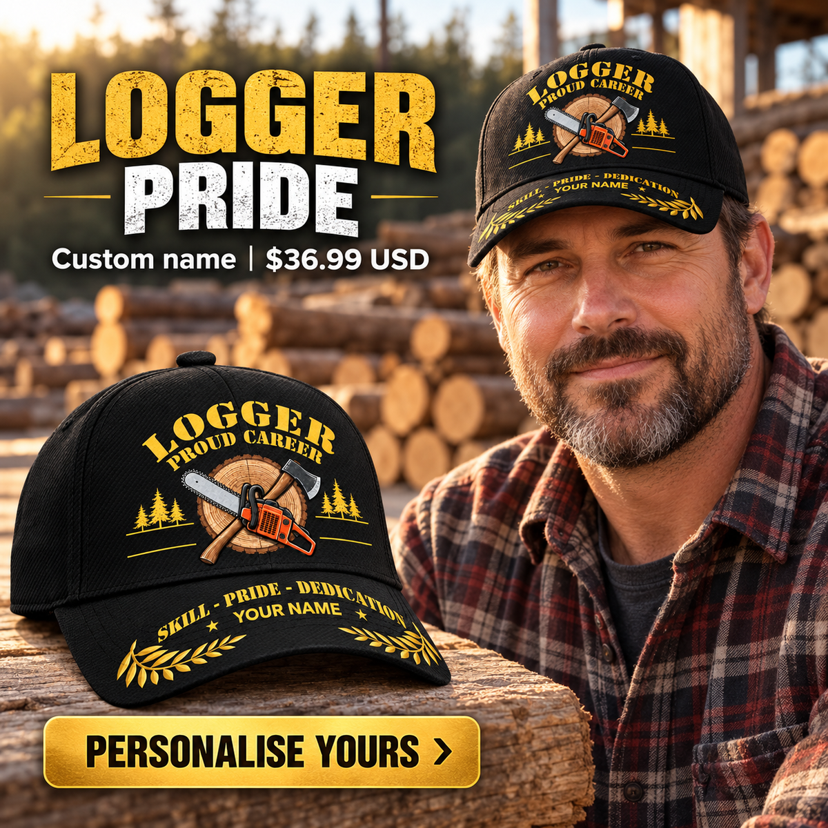 Logger wearing a personalized Proud Career baseball cap with custom name