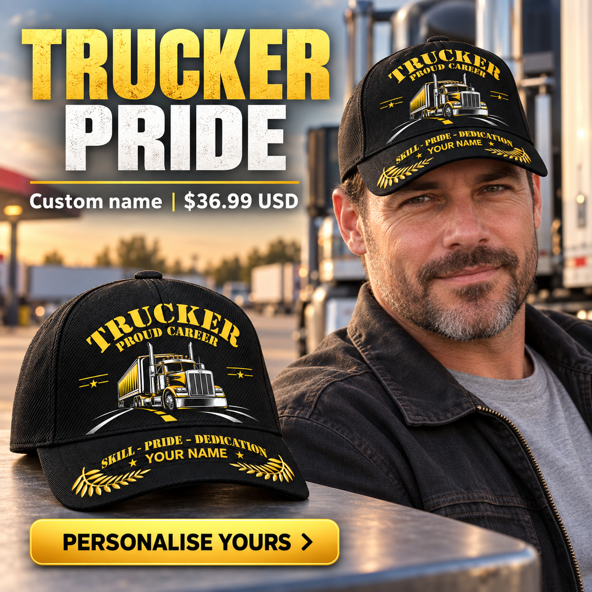 Trucker wearing a personalized Proud Career baseball cap with custom name