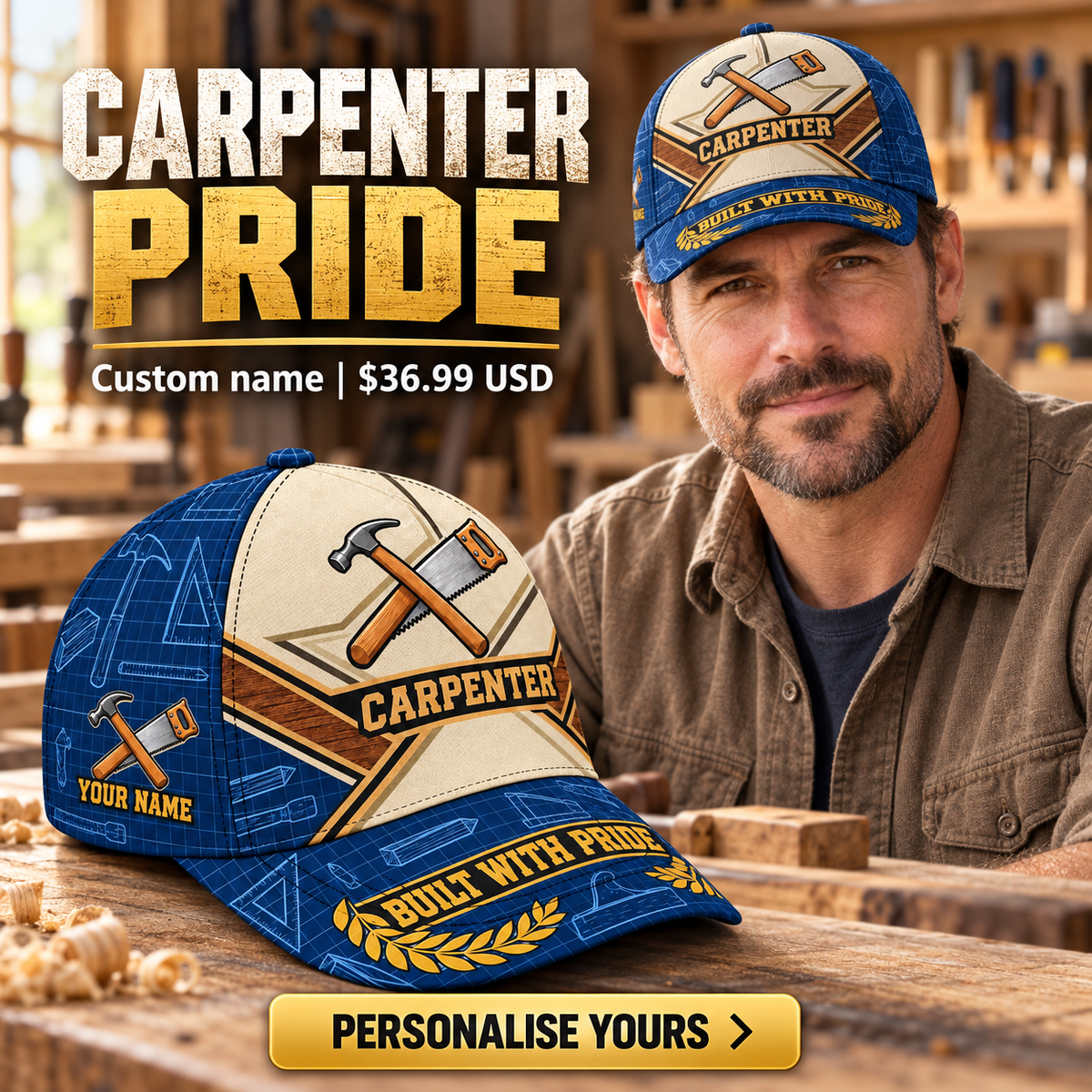 Carpenter wearing a personalized Blueprint Geometry baseball cap with custom name