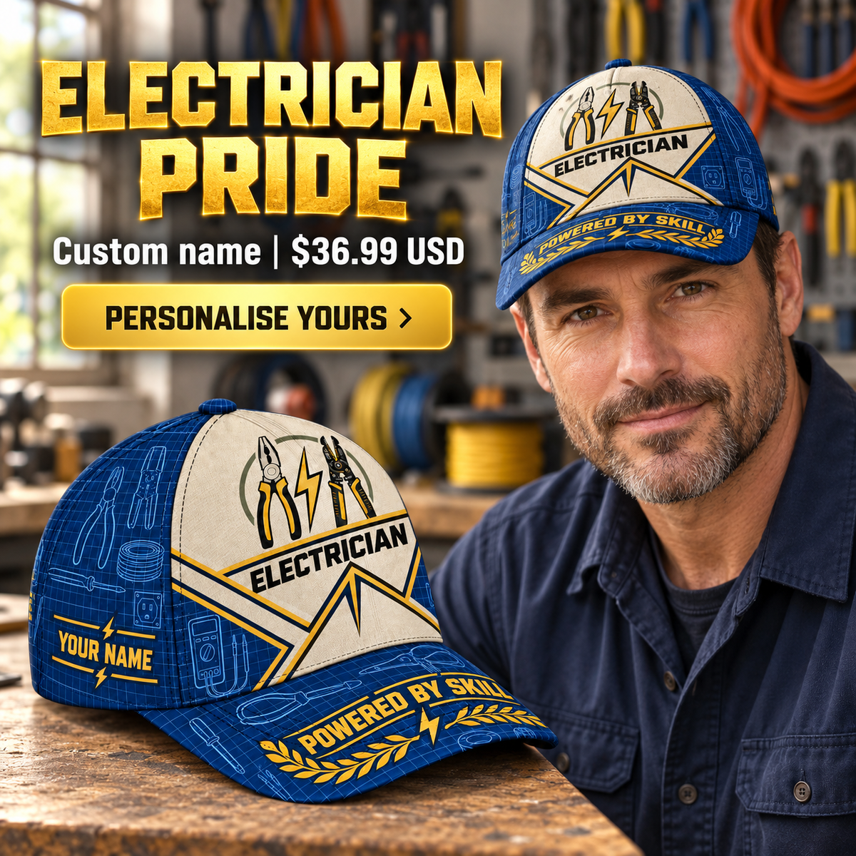 Electrician wearing a personalized Blueprint Geometry baseball cap with custom name