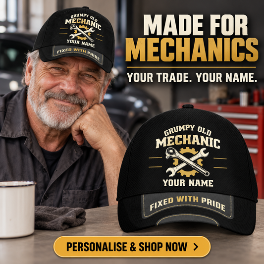 Personalized Mechanic Grumpy Old Baseball Cap lifestyle advertisement with person wearing cap and shopping CTA