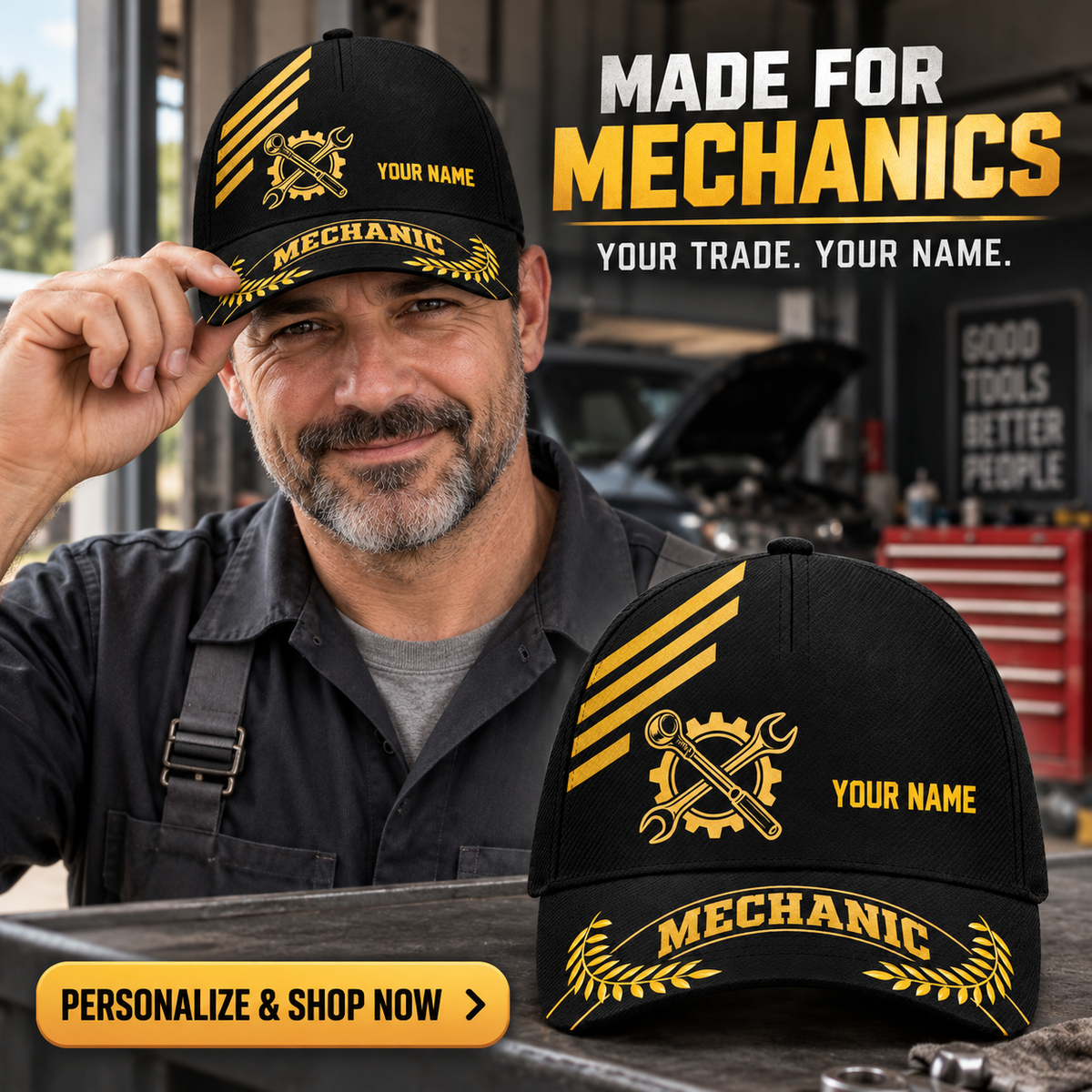Mechanic wearing the personalized Asymmetric Gold cap with product close-up and shopping CTA