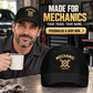 Personalized Mechanic Minimal Gold Emblem Baseball Cap lifestyle advertisement with person wearing cap and shopping CTA