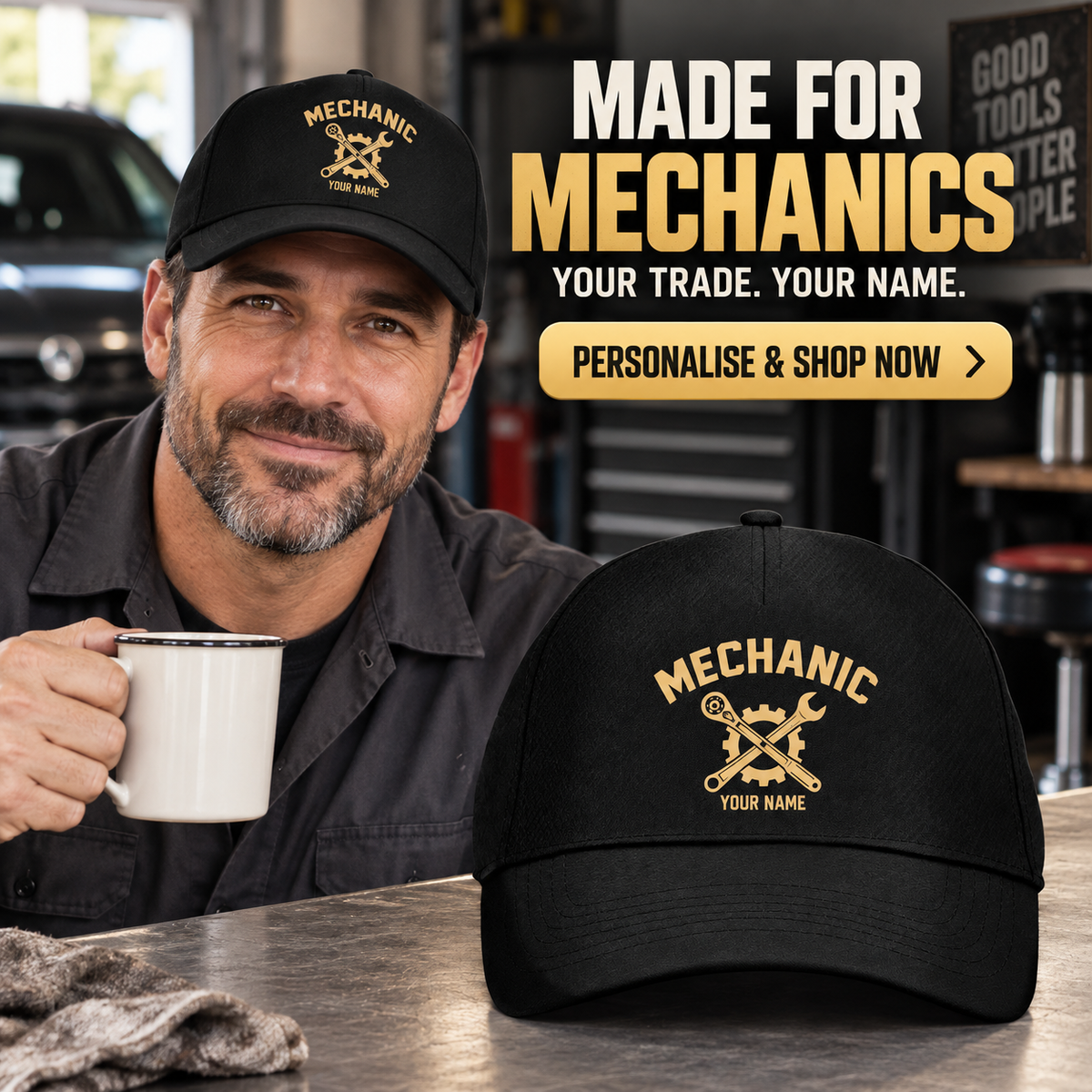 Personalized Mechanic Minimal Gold Emblem Baseball Cap lifestyle advertisement with person wearing cap and shopping CTA