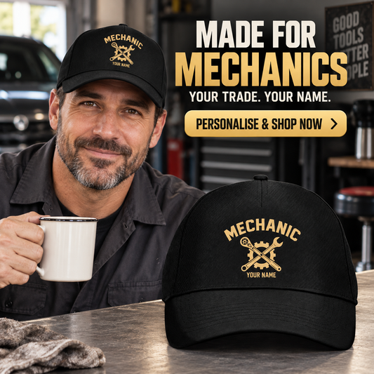 Personalized Mechanic Minimal Gold Emblem Baseball Cap lifestyle advertisement with person wearing cap and shopping CTA