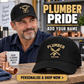 Plumber wearing the personalised cap with product close-up and shopping CTA