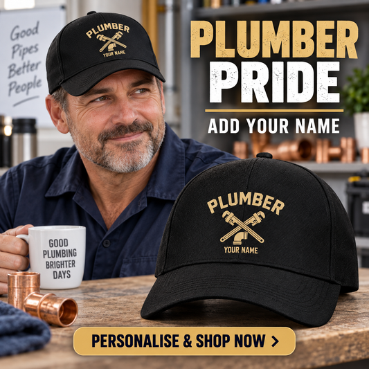 Plumber wearing the personalised cap with product close-up and shopping CTA