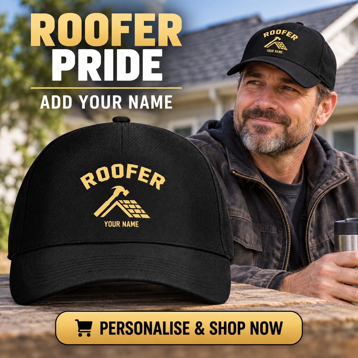 Roofer wearing the personalised cap with product close-up and shopping CTA